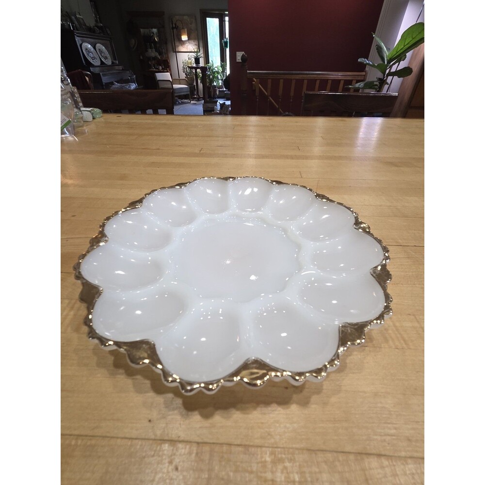 Vintage Anchor Hocking Milk Glass Deviled Egg Plate Gold Trim Scalloped 10 Inch